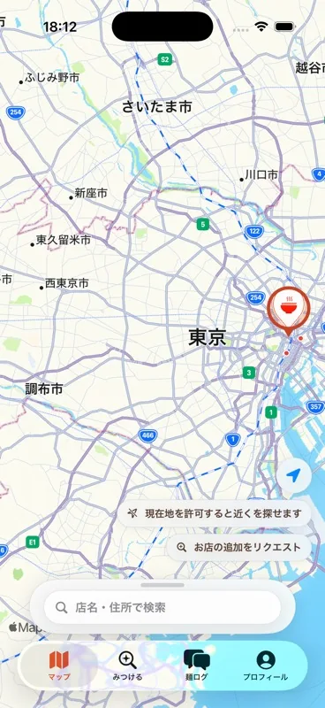 BuzzRamenで現在地から店を探すマップ画面